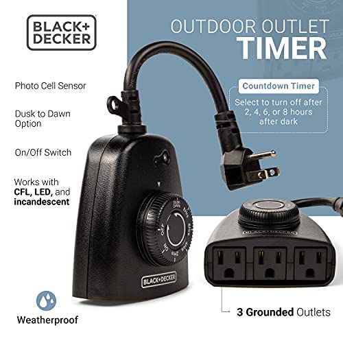 BLACK+DECKER Outdoor 3 Grounded Outlets Timer with Waterproof Outlet and Countdown BDXPA0031 - Image 3