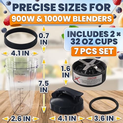 KETAR Bullet Blender Cups 32 oz - Blender Cup Replacement 7 Pieces Set Compatible with Nutri Bullet 900W and 1000W High-Speed Systems - Stainless Steel Extractor Blade for Mixing, Smoothies, and Juicing - Image 5