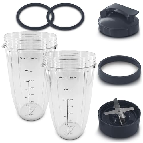 KETAR Bullet Blender Cups 32 oz - Blender Cup Replacement 7 Pieces Set Compatible with Nutri Bullet 900W and 1000W High-Speed Systems - Stainless Steel Extractor Blade for Mixing, Smoothies, and Juicing - Image 1
