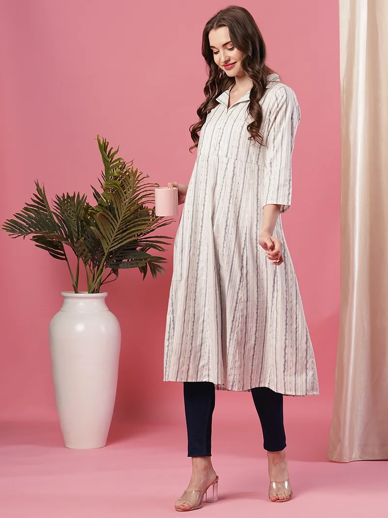globus Women Off White Striped Lapel Collar Pure Cotton A-Line Kurta
