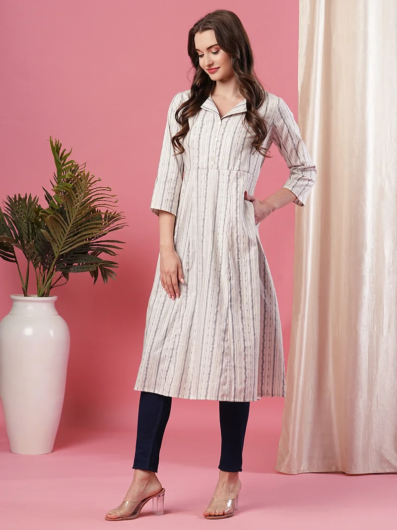 globus Women Off White Striped Lapel Collar Pure Cotton A-Line Kurta