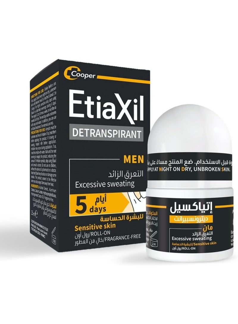 Etiaxil Détranspirant Antiperspirant Deodorant Men Roll-on Excessive Sweat Treatment 5 Day Protection For Underarms Formulated for Sensitive Skin Fragrance-Free Dermatologically Tested | 15 ml - Image 1