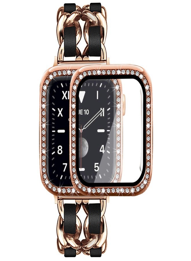 Mosonio Compatible for Apple Watch Band 41mm Series 9 8 7 with Screen Protectors Case Women, Jewelry Bracelet Metal Bands with 2 Pack Bling Cover(Rose Gold Link with Black Leather) - Image 1