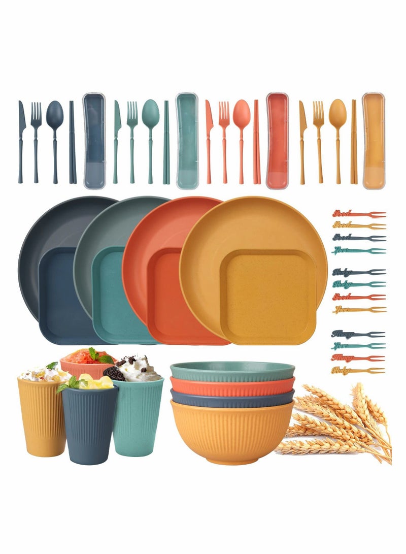 SYOSI 48pcs Unbreakable Dinnerware Sets for 4 People Camping Plates and Bowls Set Plastic Picnic Dinner Lightweight Colorful BBQ Serving Cups Cutlery Forks Tableware - Image 1