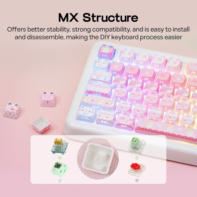 KiiBoom Cute Cat Keycaps Set, Mao Profile, PBT/PC Keycap for MX Switches Mechanical Keyboard, Compatible with 60%, 65%, 75%, TKL, 96%, Full-Sized Layout (Pink Meow) - Image 4
