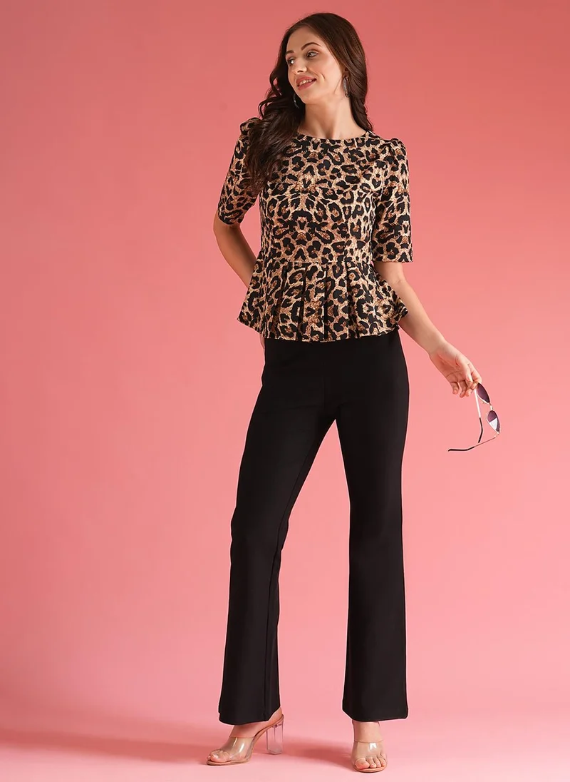 جلو باص بلوزة نسائية بياقة قارب وأكمام منتفخة بطبعة حيوانات للعمل بخصر بيبلوم