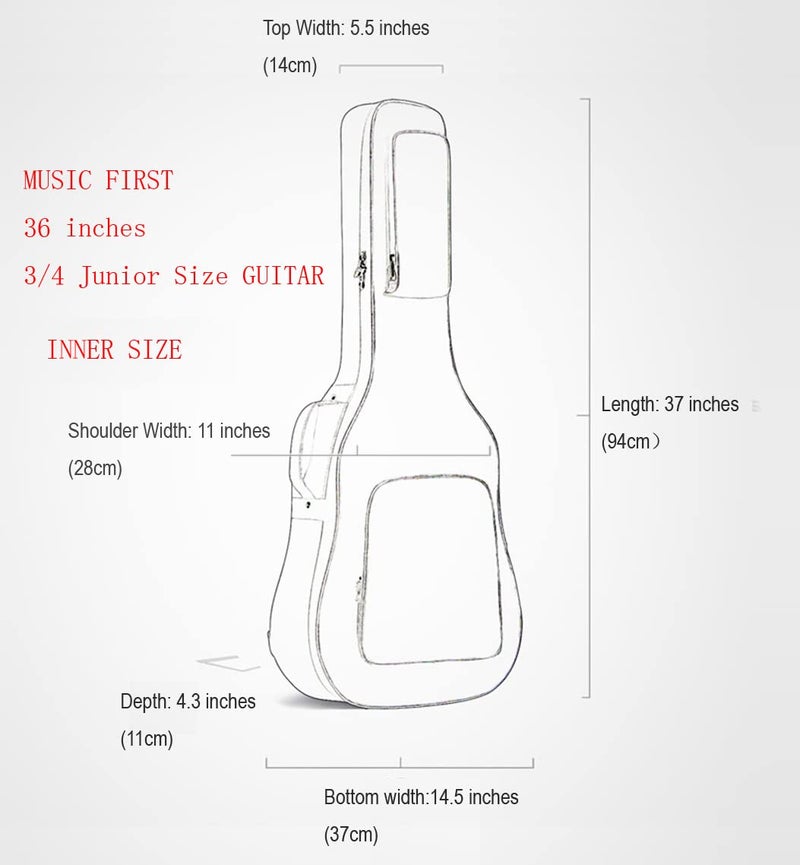 MUSIC FIRST 0.9" (23mm) Padded Country Style 36 inch Soft Guitar Case, Travel Guitar Bag, 36" Guitar Backpack (FIT FOR 36~37 inch, 3/4 Junior Size GUITAR, CHECK PHOTO No.2 AND MEASURE YOUR GUITAR!) - Image 2