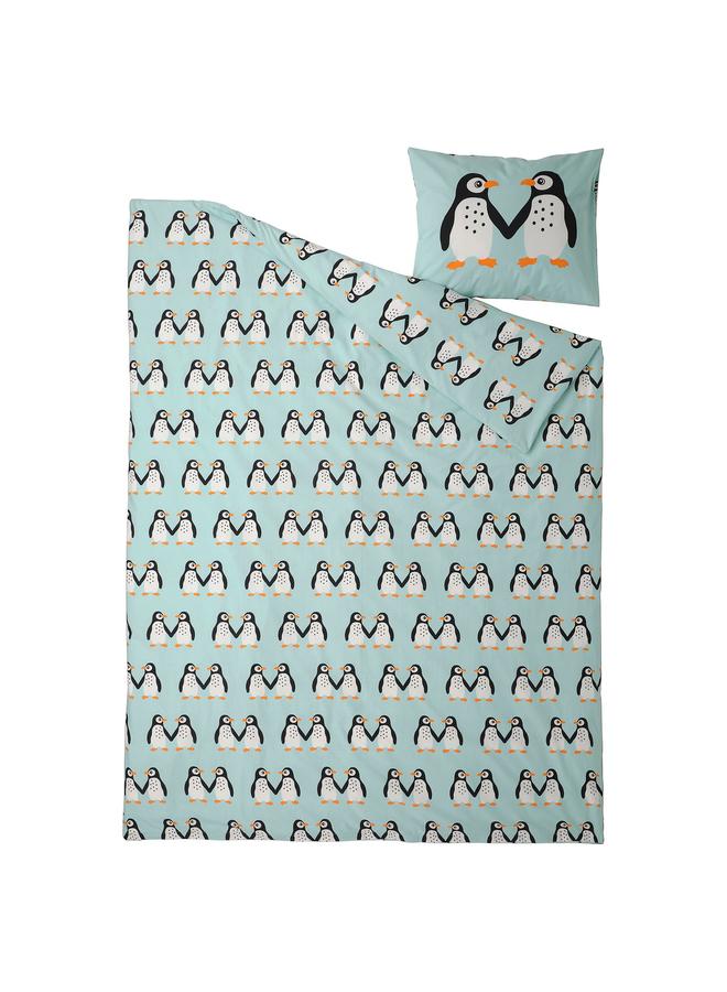 erorex Duvet cover and pillowcase, penguin pattern/light turquoise, 150x200/50x80 cm - Image 3