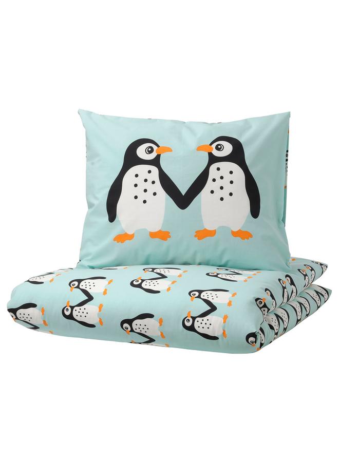 erorex Duvet cover and pillowcase, penguin pattern/light turquoise, 150x200/50x80 cm - Image 1