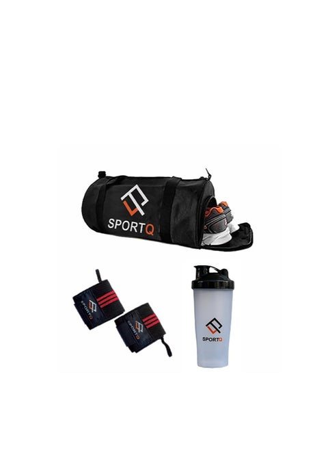 A set of multiple products that help you in exercising, a large-capacity bag, a special pocket for carrying shoes, a wrist aid, and a protein shaker (3)