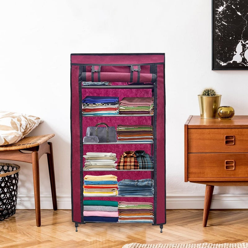 ROBMOB 6 Layer Collapsible Wardrobe Clothes Storage Rack Quick Wardrobe Maximize Your Space with Style for Multipurpose Use Foldable Collapsible Fabric Organizer Maroon Metal - Image 2