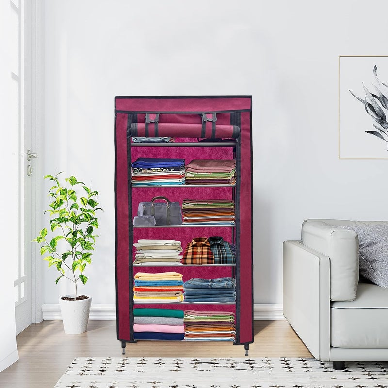 ROBMOB 6 Layer Collapsible Wardrobe Clothes Storage Rack Quick Wardrobe Maximize Your Space with Style for Multipurpose Use Foldable Collapsible Fabric Organizer Maroon Metal - Image 1