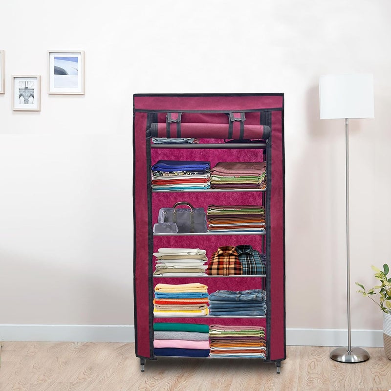 ROBMOB 6 Layer Collapsible Wardrobe Clothes Storage Rack Quick Wardrobe Maximize Your Space with Style for Multipurpose Use Foldable Collapsible Fabric Organizer Maroon Metal - Image 3