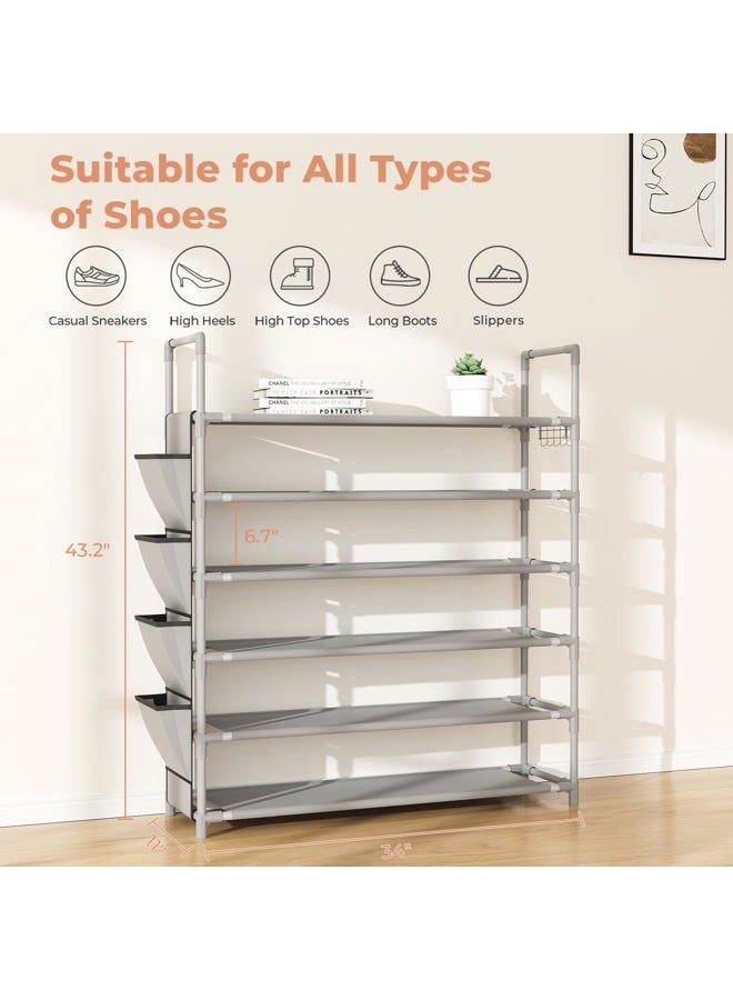 LANTEFUL 6 Tier Shoe Rack Storage for 24-30 Pairs Shoe and Boot, Shoe Organizer with Hook and Side Pocket Free Standing Long Shoe Shelf Tall Shoe Rack Organizer for Closet, Entryway, Dorm, Grey - Image 3