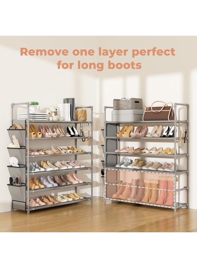 LANTEFUL 6 Tier Shoe Rack Storage for 24-30 Pairs Shoe and Boot, Shoe Organizer with Hook and Side Pocket Free Standing Long Shoe Shelf Tall Shoe Rack Organizer for Closet, Entryway, Dorm, Grey - Image 5