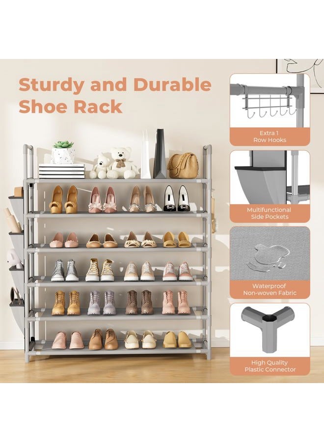 LANTEFUL 6 Tier Shoe Rack Storage for 24-30 Pairs Shoe and Boot, Shoe Organizer with Hook and Side Pocket Free Standing Long Shoe Shelf Tall Shoe Rack Organizer for Closet, Entryway, Dorm, Grey - Image 4