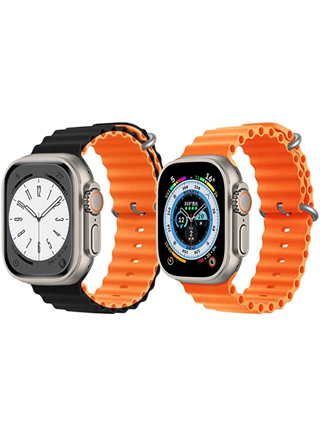 IAF Silicone Ocean Band Strap for Apple Watch Ultra 8 49mm Black/Orange Double Side Strap with Orange Single Color Strap Set of 2