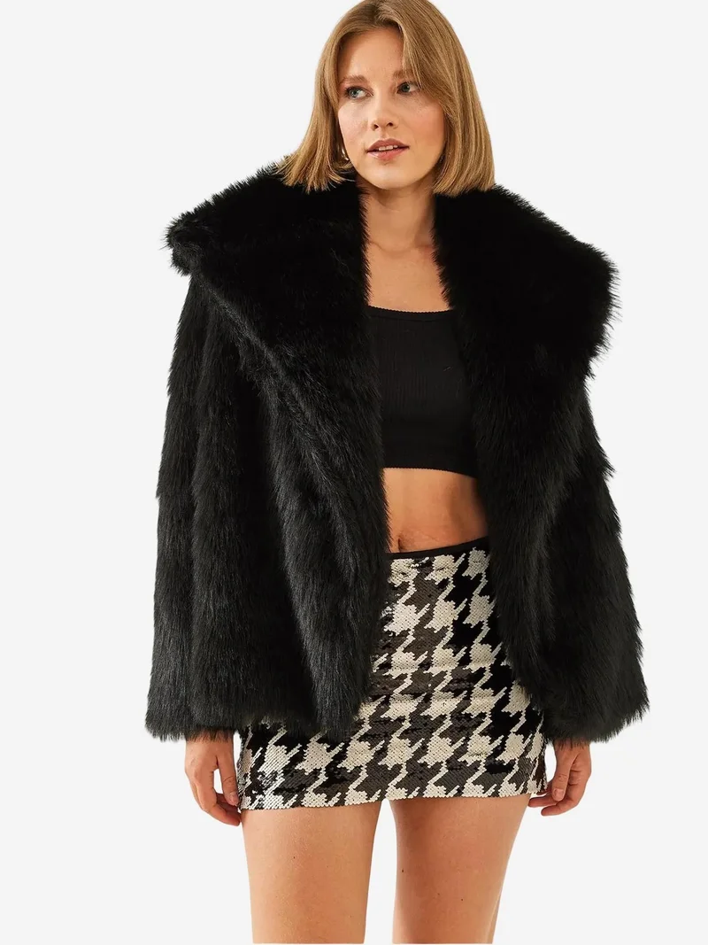 Bianco Lucci Black LUCCI Oversize Faux Fur Coat for Women | Best Price UAE