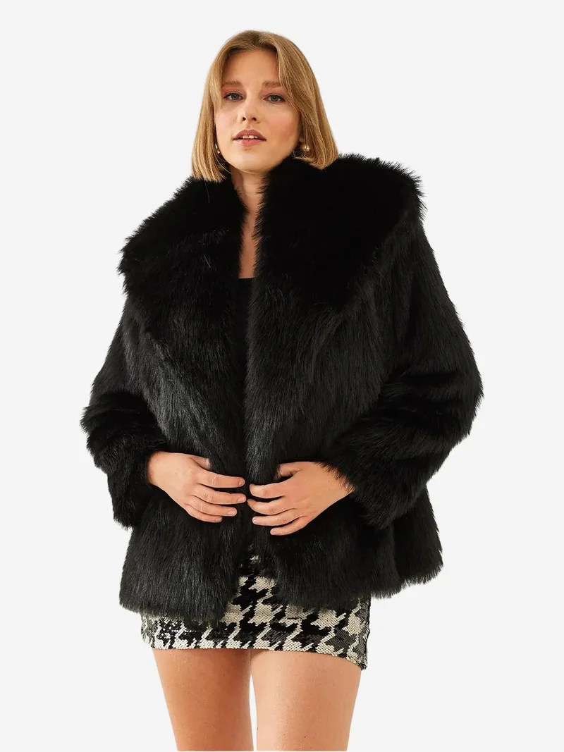 Bianco Lucci Black LUCCI Oversize Faux Fur Coat for Women | Best Price UAE