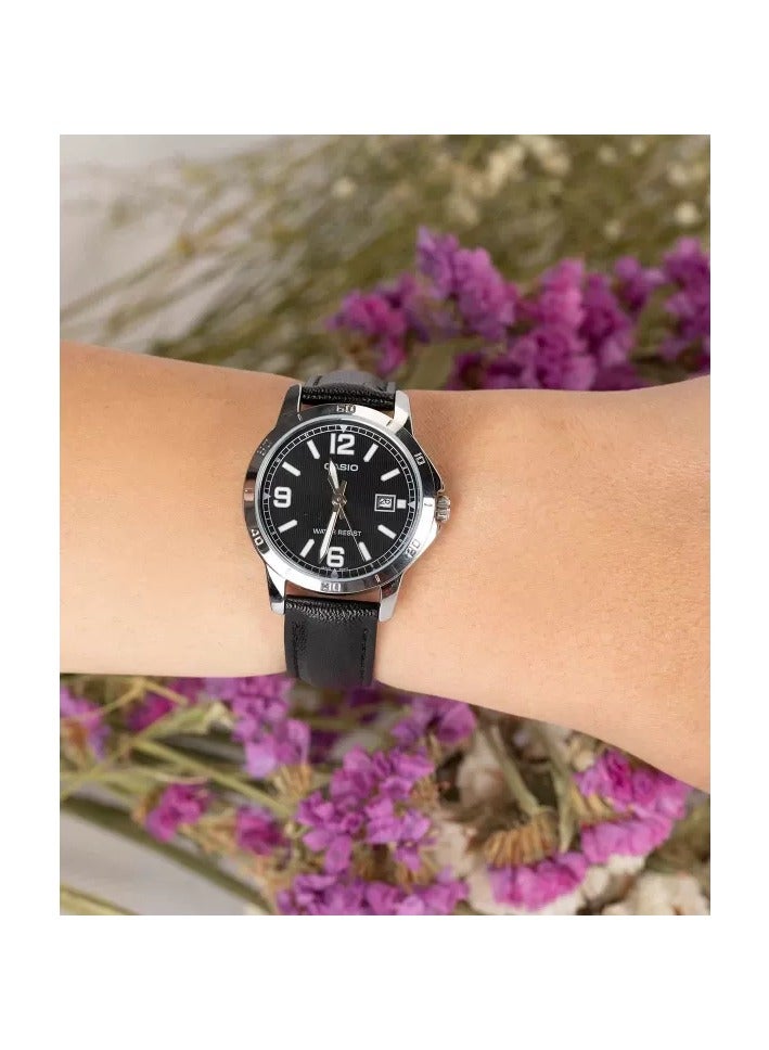 Casio LTP-V004L-1BUDF Leather Black Dial Tachymeter Bezel Round Analog Watch for Women - Black - Image 3