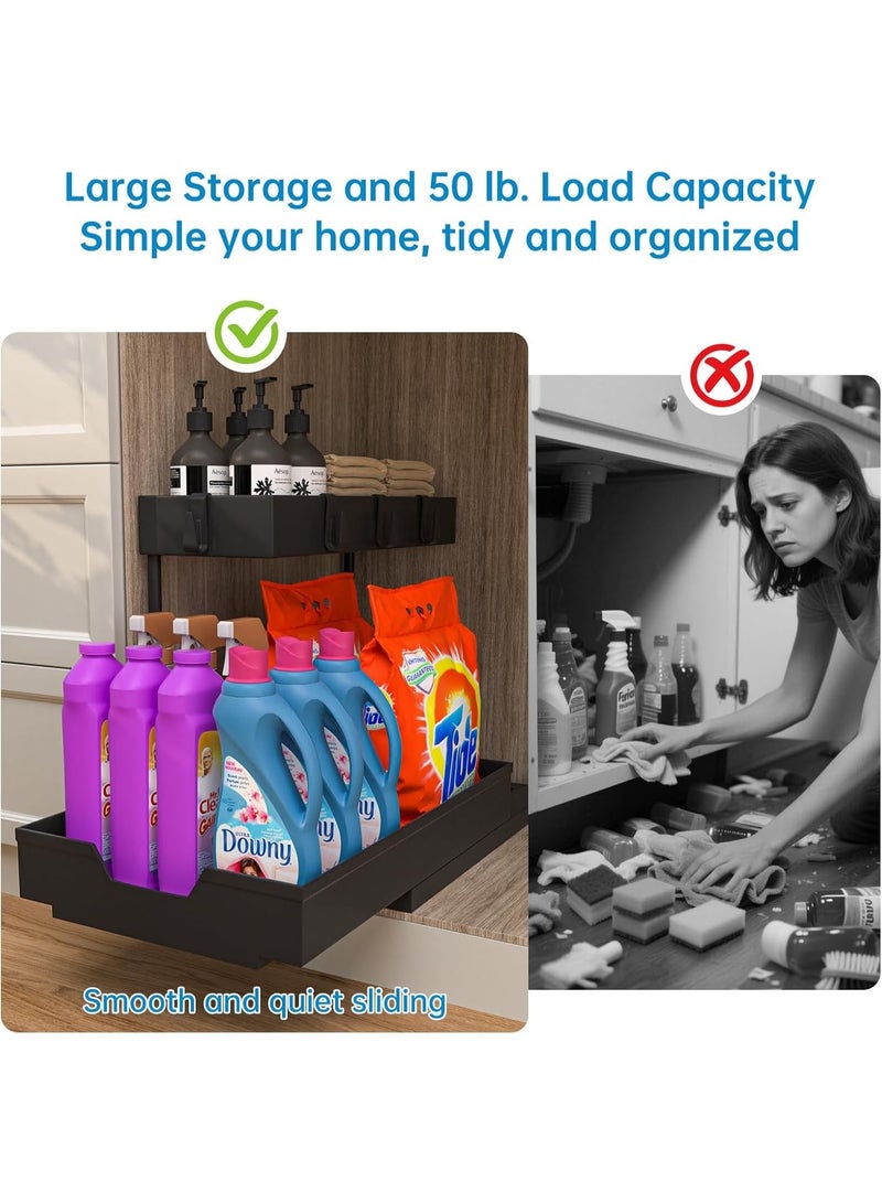 dida-cosmos Under Sliding Cabinet Basket Organizer, 2 Tier Under Sink Organizers with Organizers with 4 Hooks, Multi-purpose Storage Pull Out Sliding Drawer, Storage Under Cabinet for Kitchen, Bathroom (2, Black) - Image 5