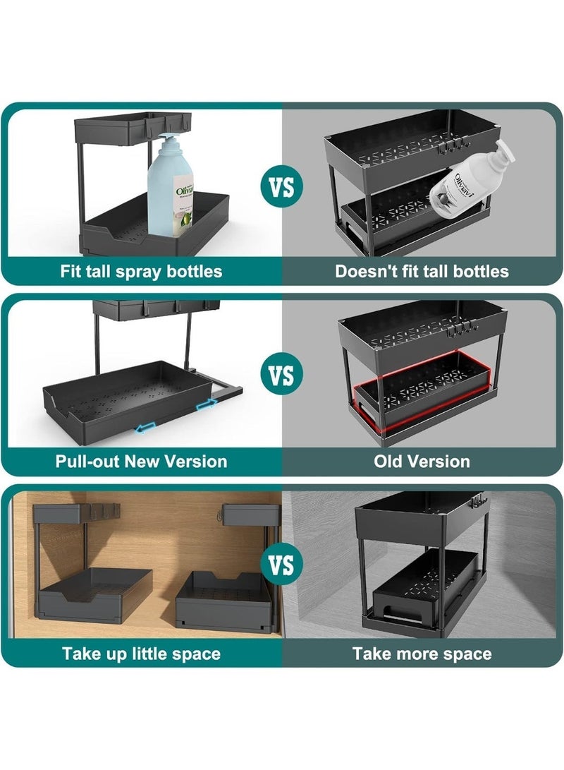 dida-cosmos Sliding storage basket under cabinets, two-tier under-sink storage rack with 10 hooks, 4 hanging bin, multi-functional pull-out sliding drawer, kitchen and bathroom under-cabinet storage racks (2 units, black). - Image 2