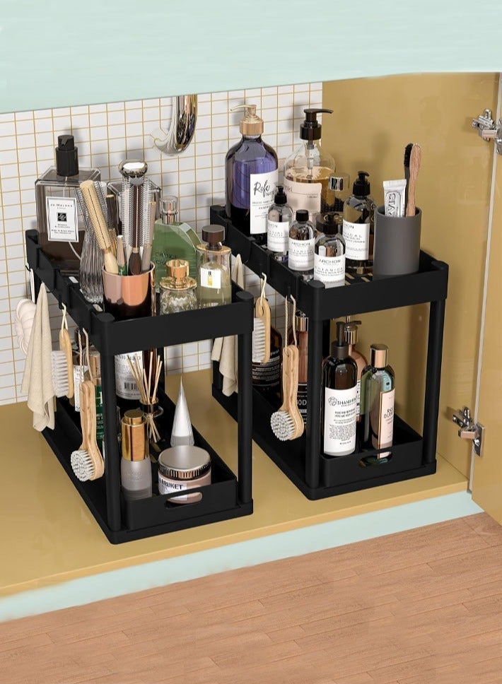 dida-cosmos Sliding storage basket under cabinets, two-tier under-sink storage rack with 10 hooks, 4 hanging bin, multi-functional pull-out sliding drawer, kitchen and bathroom under-cabinet storage racks (2 units, black). - Image 4