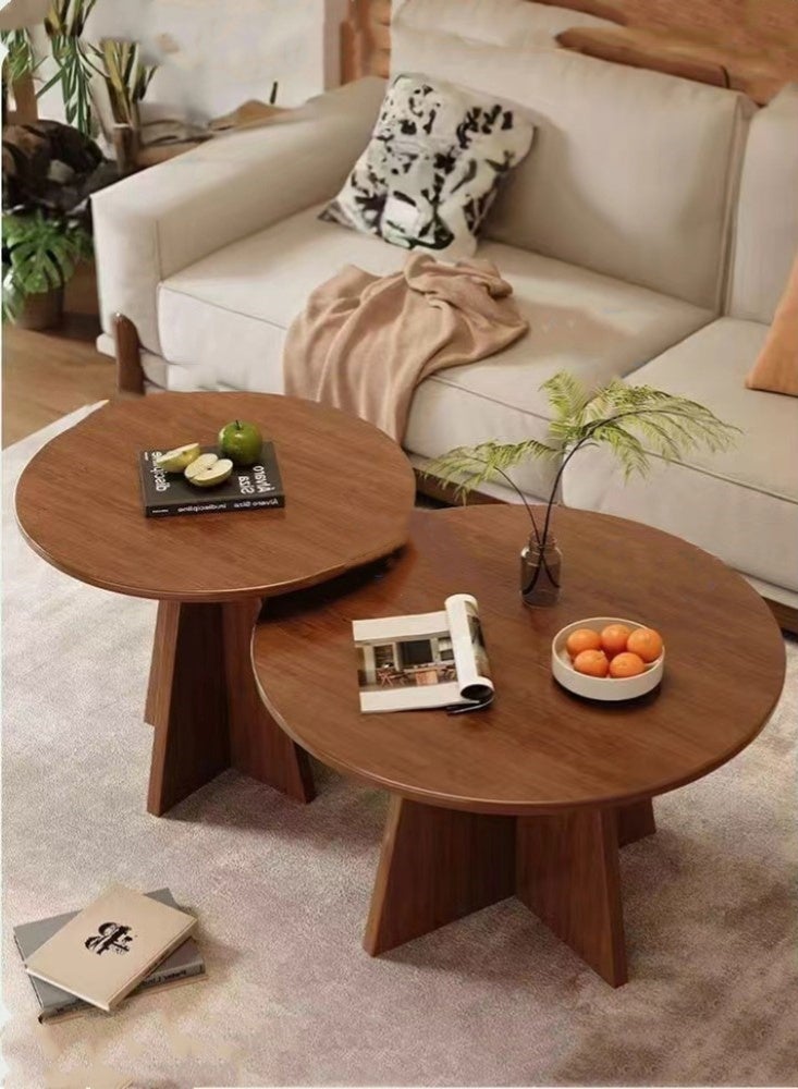 Kutis 2-Piece Round Coffee Table Nesting Table Set Modern Minimalist Style Furniture Side End Table Wood Brown 70x38 and 50x48 cm - Image 1