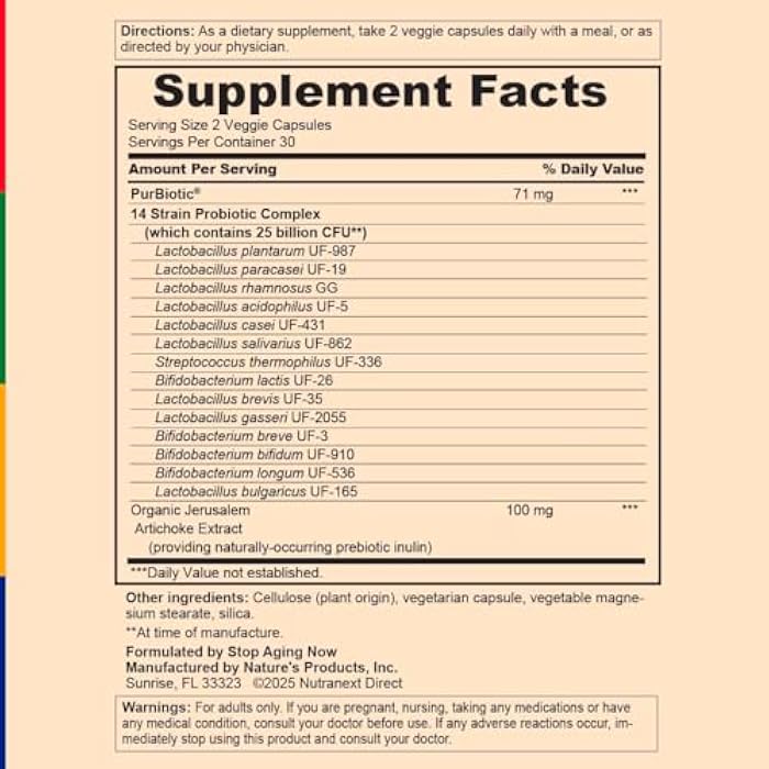 Stop Aging Now - Probiotics for Men and Women PurBiotic Supplement - 25 Billion CFU - 60 Veggie Capsules - with Prebiotics - Image 4