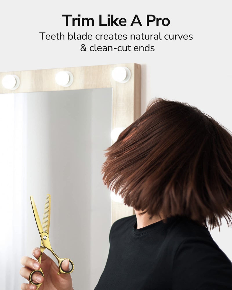 ULG Hair Thinning Scissors Cutting Teeth Shears Professional Barber ULG Hairdressing Texturizing Salon Razor Edge Scissor Japanese Stainless Steel with Detachable Finger Ring 6.5 inch, Gold - Image 2