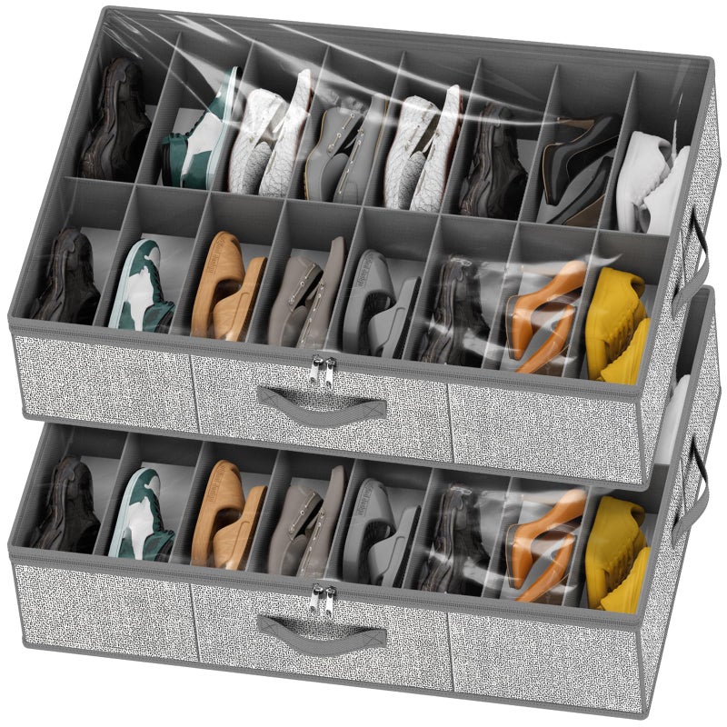 homyfort 32 Pairs Shoe Organizer Under Bed Underbed Shoe Storage Boxes Bins Organizador De Zapatos Extra Large Zapateras Organizer Grey Set of 2