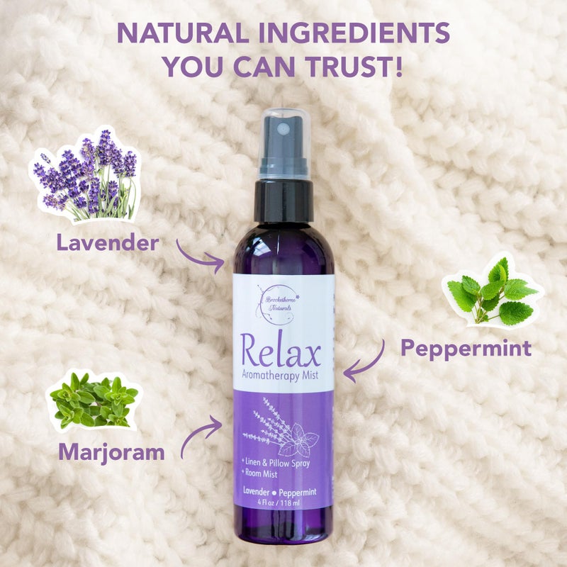 brookethorne naturals Relax Lavender Spray for Sleep, Natural Linen Spray for Bedding, Perfect Lavender Pillow Spray for Sleep. Aromatherapy Bed Spray with Lavender & Peppermint Essential Oils by Brookethorne Naturals 4oz  - Image 3