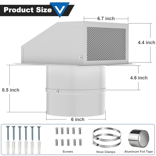 Popbee 6 Inch Hooded Wall Vent with Screen and Damper, Galvanized Steel Wall Vent Cover White Metal Hood Cap Exhaust Duct Pipe Kit with Hose Clamp Aluminum Foil Tape Screw for Laundry Room Bathroom Basement - Image 2