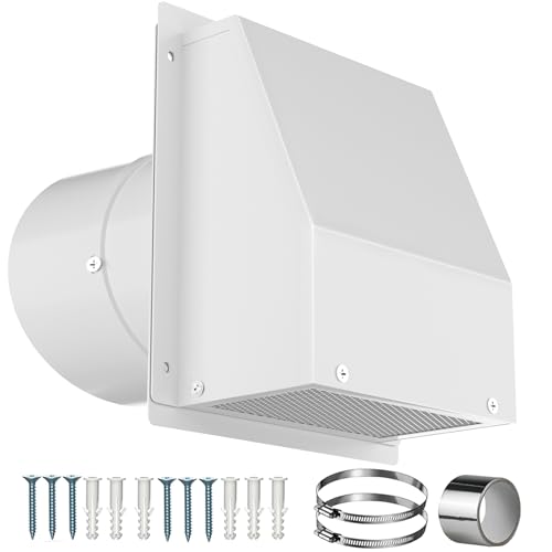 Popbee 6 Inch Hooded Wall Vent with Screen and Damper, Galvanized Steel Wall Vent Cover White Metal Hood Cap Exhaust Duct Pipe Kit with Hose Clamp Aluminum Foil Tape Screw for Laundry Room Bathroom Basement - Image 1