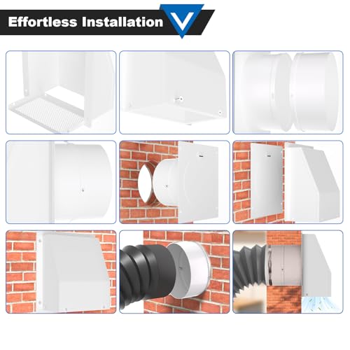 Popbee 6 Inch Hooded Wall Vent with Screen and Damper, Galvanized Steel Wall Vent Cover White Metal Hood Cap Exhaust Duct Pipe Kit with Hose Clamp Aluminum Foil Tape Screw for Laundry Room Bathroom Basement - Image 5