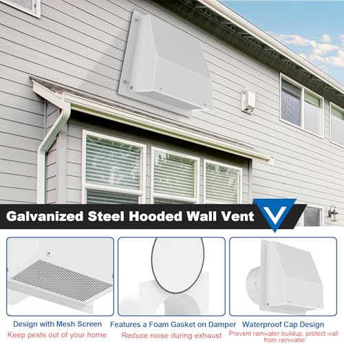 Popbee 6 Inch Hooded Wall Vent with Screen and Damper, Galvanized Steel Wall Vent Cover White Metal Hood Cap Exhaust Duct Pipe Kit with Hose Clamp Aluminum Foil Tape Screw for Laundry Room Bathroom Basement - Image 3