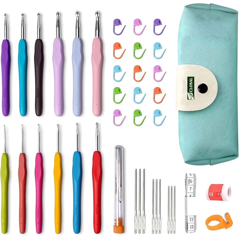 CLOSAL CLOSAL 32 Pcs Crochet Hooks Set Crochet Hooks Knit Crochet Needle Set Sweater Knitting Needles Complete Knitting Kit for Beginners Adults 12 pcs Ergonomic Soft Grip Handles with Case