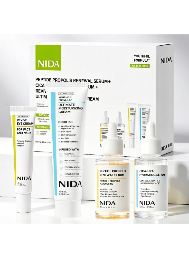 NIDA 4‑Piece Complete Facial Skincare Set, Peptide Propolis Serum + Cica‑Hyal Hydrating Serum + Revive Eye Cream + Ultimate Moisturizing Cream, Daily Face Care Kit for All Skin Types - Image 1