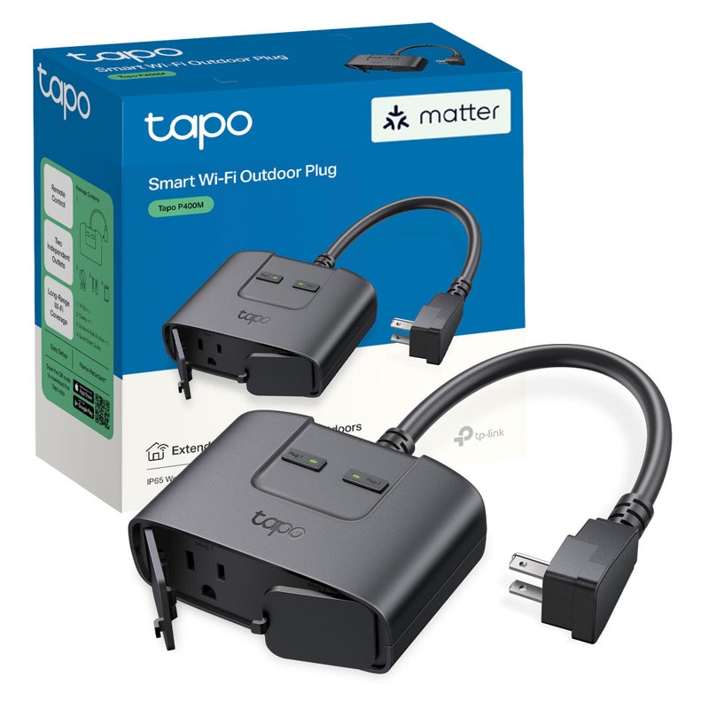 tapo TP-Link Tapo Matter Outdoor Smart Plug, 2 Individual Outlets, IP65 Weather Resistance, Works with Apple Home, Alexa, Google Home, Long Wi-Fi Range, 2.4G Wi-Fi Only, ETL Certified (Tapo P400M) - Image 1