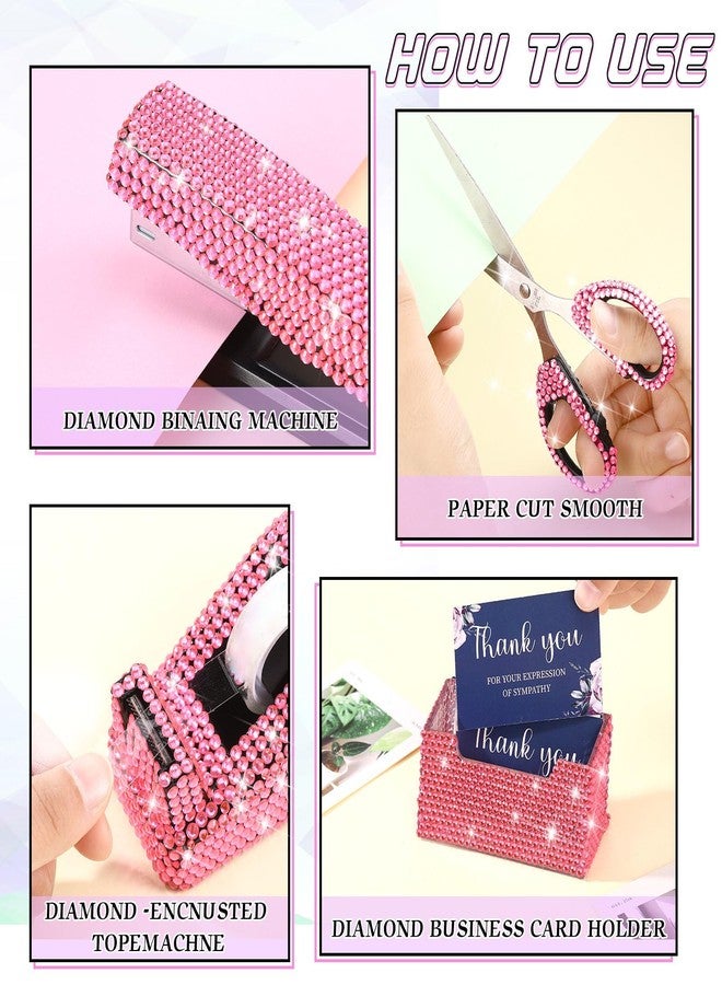 Demissle 6 Pcs Bling Office Desk Accessories Set Crystal School Stationery Kit Scissors Stapler with Staple, Tape Dispenser, Diamond Pen, Staple Remover, Binder Clips, Paper Clips, Push Pins for Women (Pink) - Image 5