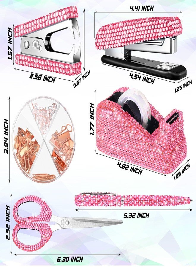 Demissle 6 Pcs Bling Office Desk Accessories Set Crystal School Stationery Kit Scissors Stapler with Staple, Tape Dispenser, Diamond Pen, Staple Remover, Binder Clips, Paper Clips, Push Pins for Women (Pink) - Image 2