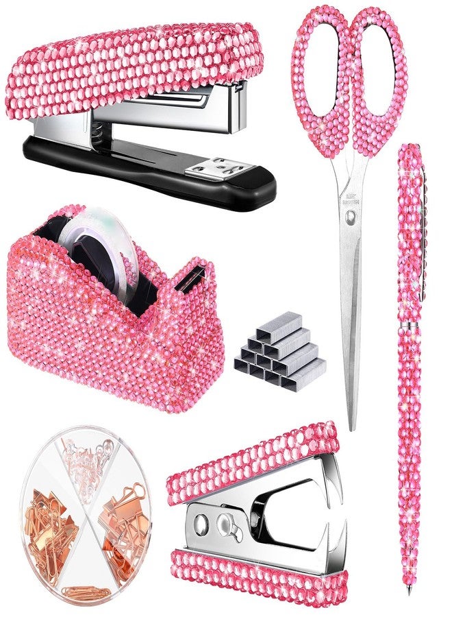 Demissle 6 Pcs Bling Office Desk Accessories Set Crystal School Stationery Kit Scissors Stapler with Staple, Tape Dispenser, Diamond Pen, Staple Remover, Binder Clips, Paper Clips, Push Pins for Women (Pink) - Image 1
