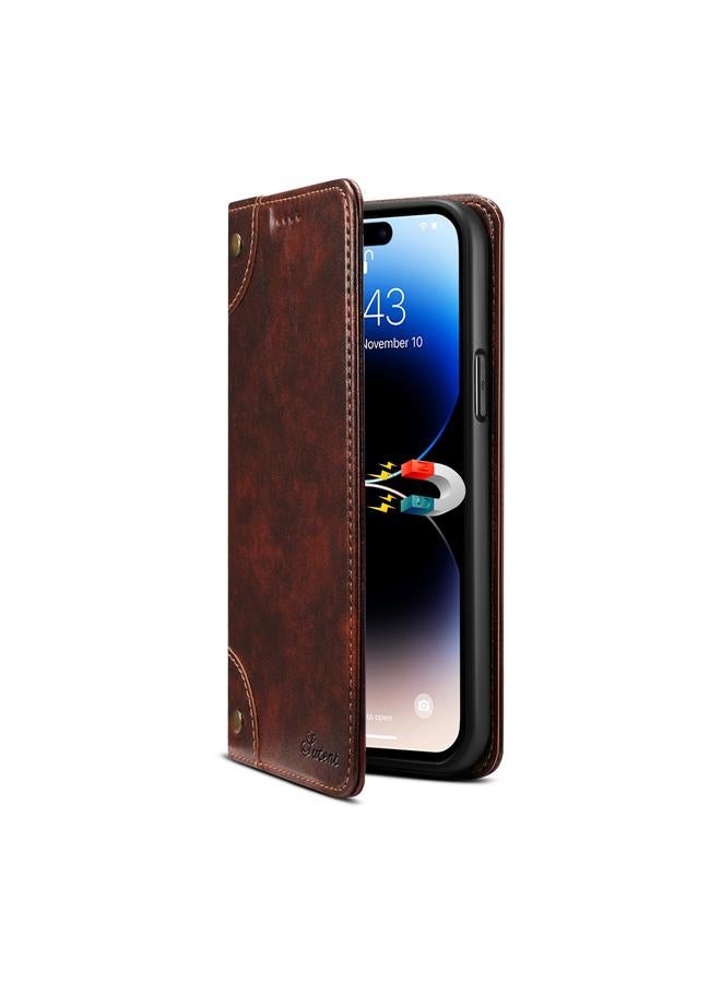 Suteni Case For iPhone 15 Pro Max Baroque Calf Texture Buckle Wallet Leather Phone Case - Image 2