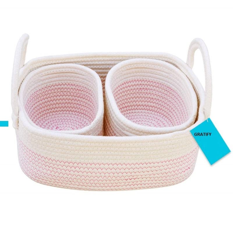 GRATIFY GRATIFY Set of 3 Basket for Toys Baby Storage Organizer for Nursery Small Rope Baskets with Handles Cute Basket for Bathroom Woven Storage Basket Soft Woven Baby Toy Basket Pink  - Image 1