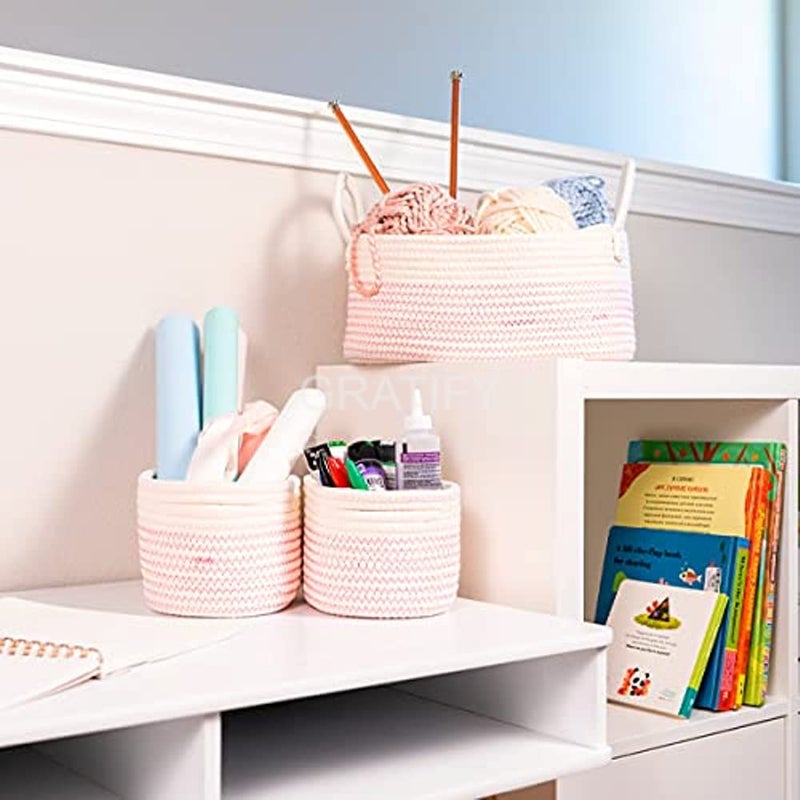 GRATIFY GRATIFY Set of 3 Basket for Toys Baby Storage Organizer for Nursery Small Rope Baskets with Handles Cute Basket for Bathroom Woven Storage Basket Soft Woven Baby Toy Basket Pink  - Image 4