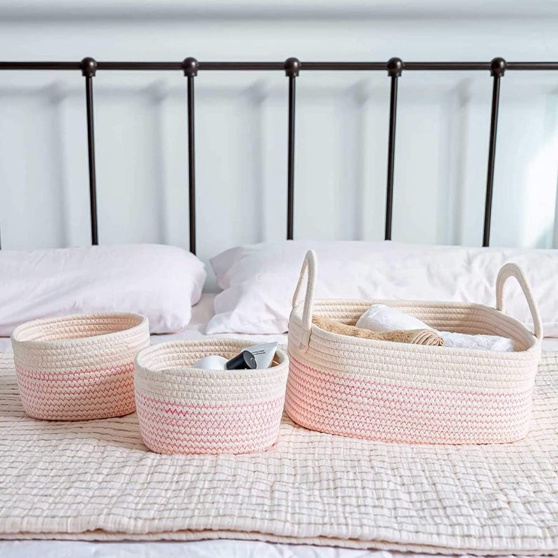 GRATIFY GRATIFY Set of 3 Basket for Toys Baby Storage Organizer for Nursery Small Rope Baskets with Handles Cute Basket for Bathroom Woven Storage Basket Soft Woven Baby Toy Basket Pink  - Image 3
