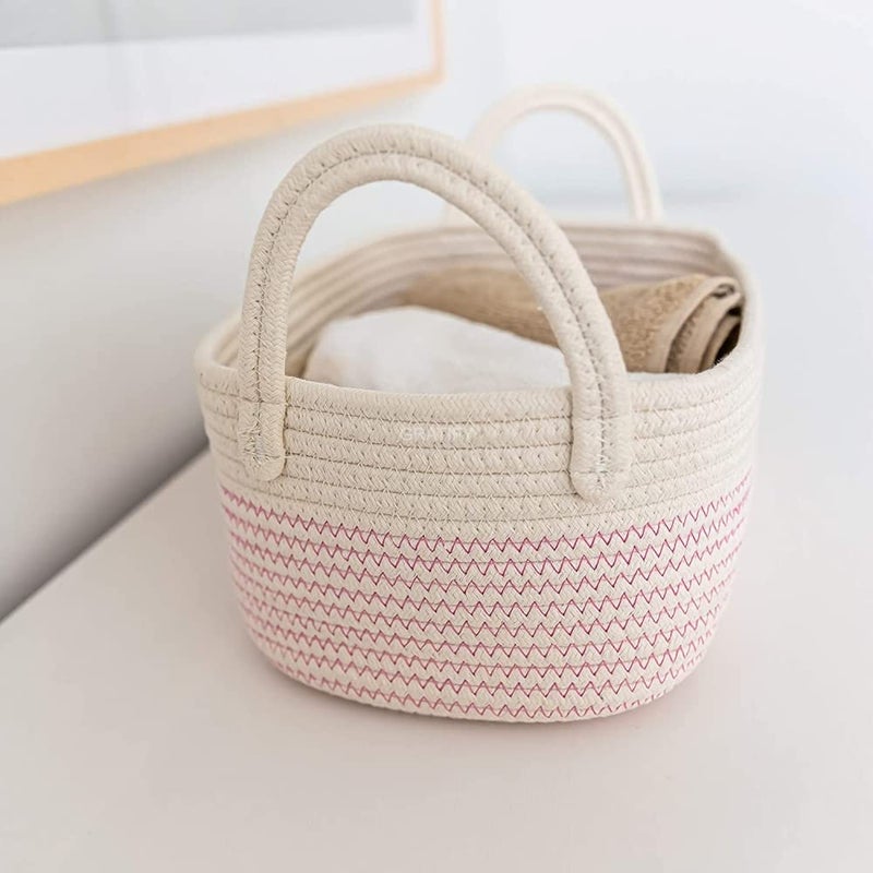 GRATIFY GRATIFY Set of 3 Basket for Toys Baby Storage Organizer for Nursery Small Rope Baskets with Handles Cute Basket for Bathroom Woven Storage Basket Soft Woven Baby Toy Basket Pink  - Image 2