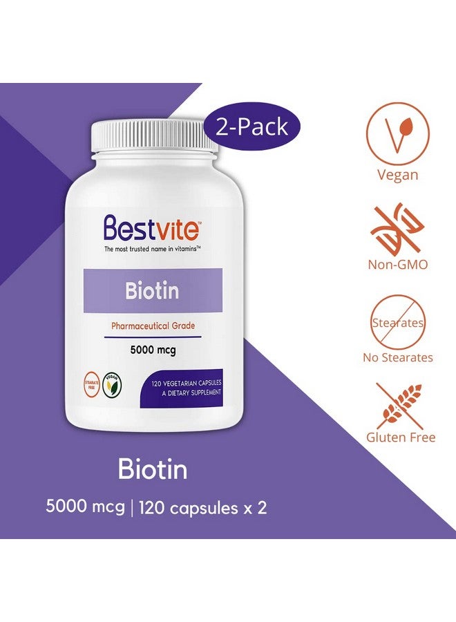 BESTVITE Biotin 5000Mcg (240 Vegetarian Capsules) (120 X 2) No Stearates No Flow Agents Vegan Non Gmo Gluten Free Hair Skin Nails - Image 4
