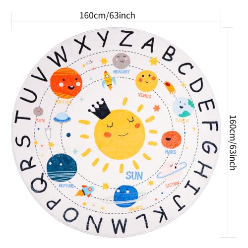 LTKOUGFAM Round ABC Space Kids Rugs,5.2 ft Non-Slip Solar System Alphabet Rugs, Washable Rug, Soft Plush Educational Circle Rug for Classroom playroom Bedroom Kids Room Decor(for Age 2+) - Image 2