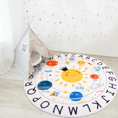 LTKOUGFAM Round ABC Space Kids Rugs,5.2 ft Non-Slip Solar System Alphabet Rugs, Washable Rug, Soft Plush Educational Circle Rug for Classroom playroom Bedroom Kids Room Decor(for Age 2+) - Image 1